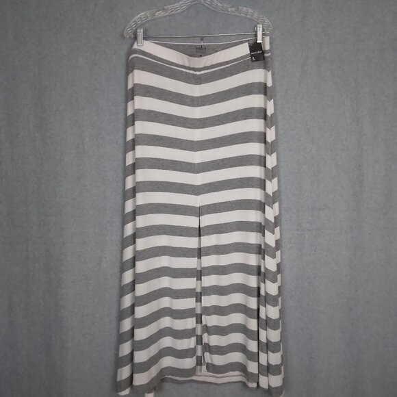 New York & Co | Soho Street Striped Knit Maxi Skirt Front Slit Gray White | Sz L - Picture 2 of 9